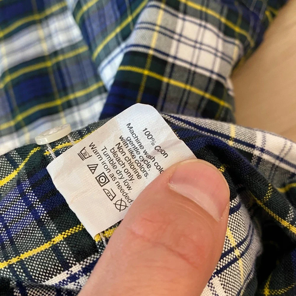 J. Crew Slim Oxford Shirt Mens Large Tartan Plaid Blue Green Yellow Button Down